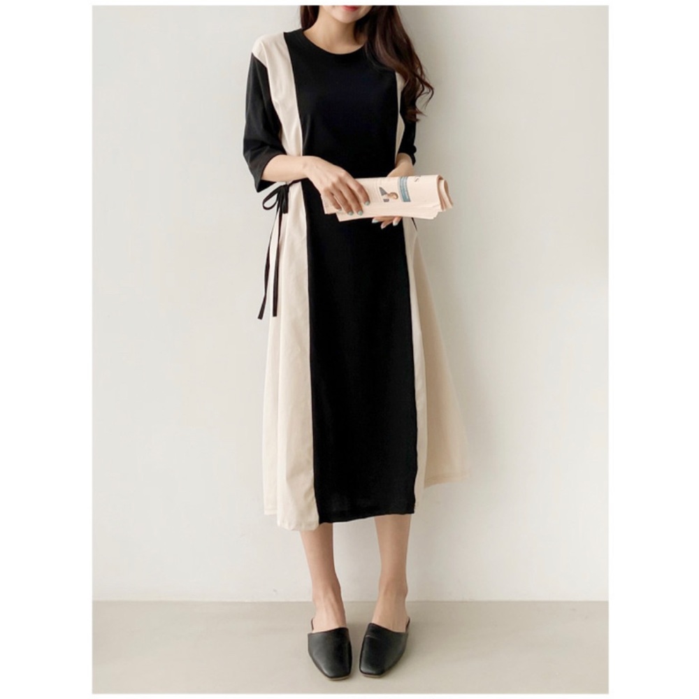 NWOT Black and Off White Cotton Long Dress -3/4 sleeves